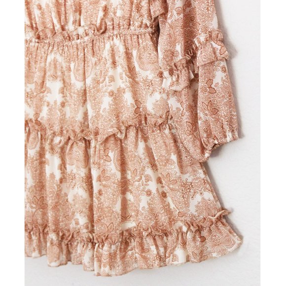 Moon River Women's M Paisley Print Tan Beige Tiered Ruffle Boho Mini Dress $118 - Picture 6 of 16